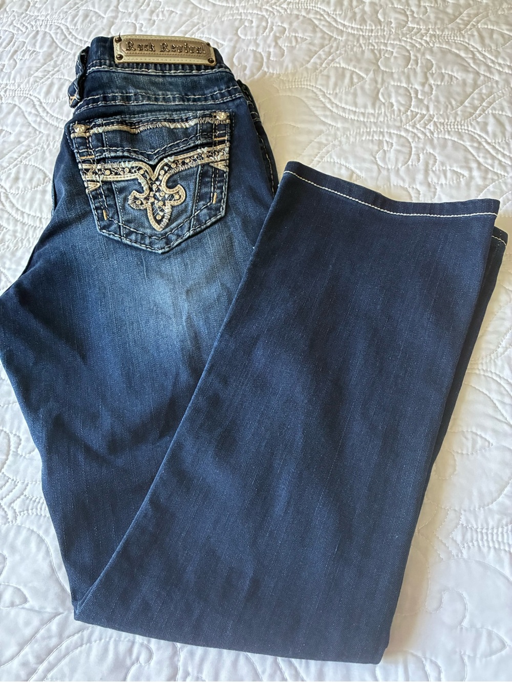 Rock Revival Dark Blue Boot Cut Jeans with Embellished Pockets